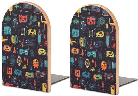 Bookend,Game Video Gaming Pattern Wood Bookends,Heavy Duty Bookends,Non-Skid Bookend for Shelves,Support for Books and Movies (Beech 1 Pair)