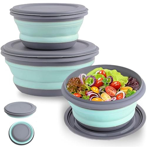 Collapsible Washing Up Bowl - 3 Size Portable Camping Bowl with Lid Silicone Wash Basin Food Storage Outdoor Tableware Folding Lunch Box Portable Salad Bowl for Outdoor Travel Camping Hiking Caravan