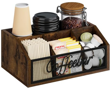 YINMIT Coffee Station Organizer for Countertop, Wood Coffee Bar Organizer with Removable Dividers for Pods, Syrup, Cups, Stirrer, Tea - Office Coffee Bar Accessories, Iron Mesh-Vintage Brown