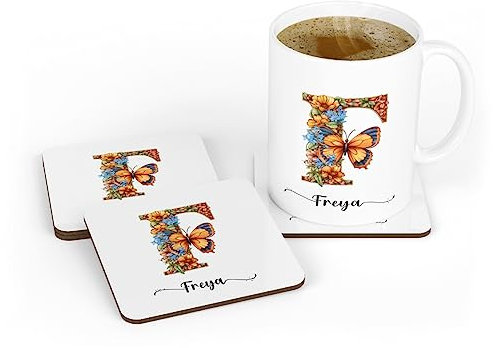 Personalised Floral Initial Name Flowers Monogram Mug Ceramic Mug Tea Cup and Coaster Set Gift