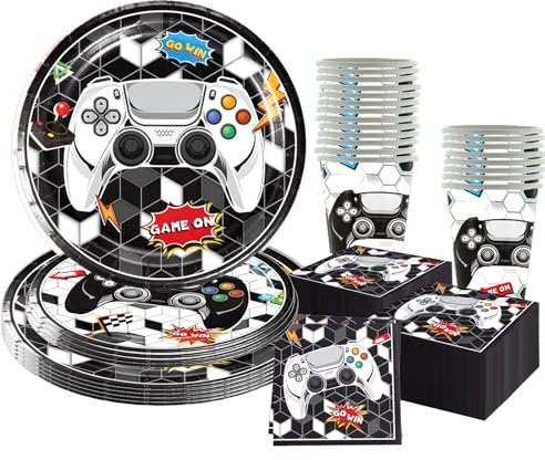 50 Teile Videospiel Partygeschirr Set,Videospiel Geburtstag Geschirr Party Deko mit Papier Teller Becher Servietten für Videospiel Party Kindergeburtstag Videospiel Partyzubehör Dekoration Set