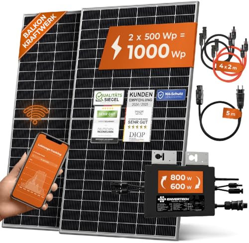 Solarway® 1000W Balkonkraftwerk 800W komplett Steckdose - neuester 800 Watt Wechselrichter - Solaranlage Komplettset - 500W Solarmodule & Envertech & Zubehör