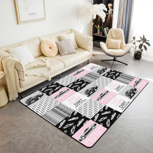 Homemissing Dirt Bike Tapis d'extérieur Sports extrêmes Tapis Chambre Course sur Circuit Antidérapant Tapis Exterieur Race Petite Voiture Rose Tapis Salon 100x150cm Enfants Adultes
