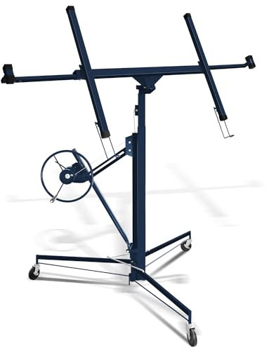 Peviasot Plattenheber Klappbar, höhenverstellbar 140cm-350cm Arbeitshöhe, 3 Räder mit Feststellbremse, Max 290cm Lastarmbreite, 68kg Traglast, Montagehilfe für Trockenbau und Terrassenplatten, Blau