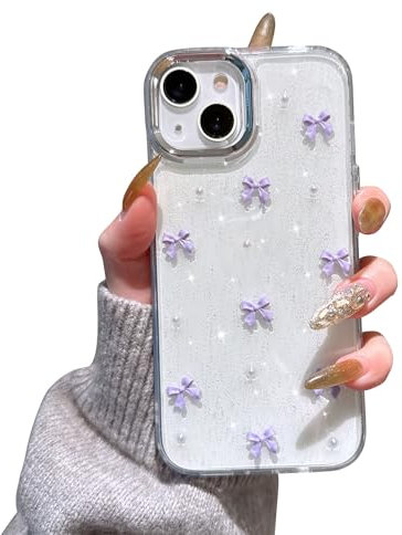 EYZUTAK Case for iPhone 13/iPhone 14, Bling Glitter 3D Bowknot Phone Case Cute Sparkly Crystal Clear Bow Aesthetic Case Slim Soft Durable TPU Transparent Protective Cover for Women Girls - Purple Bow