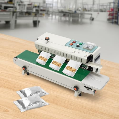 Qussse 500W Automatisch Folienschweißgerät, Versiegelungsmaschine Horizontal Kontinuierlich Plastiktüte Siegel für Alufolienbeuteln Plastikbeuteln Kraftpapierbeuteln