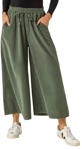 Roman Originals Baby Corduroy Wide Leg Culotte for Women UK - Ladies Everyday Autumn Winter Comfy Soft Evening Vacation Work Party Night Out - Khaki - Size L
