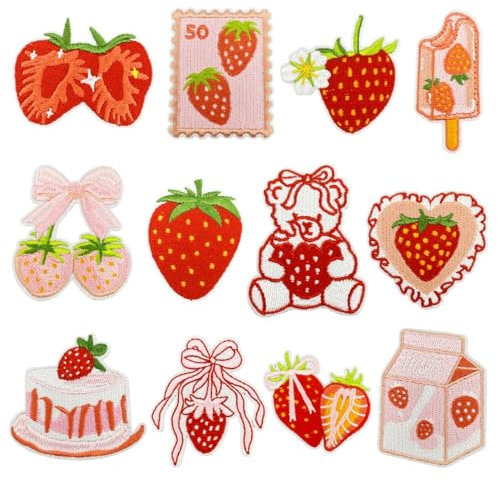 CYWQ Erdbeer-Aufnäher zum Aufbügeln, für Obstkuchen, Schleife, zum Aufnähen oder Aufnähen, Reparatur, bestickte Applikation, Rosa, Rot, Kokette, ästhetisch, Mädchen, Bastelzubehör, Geschenke für