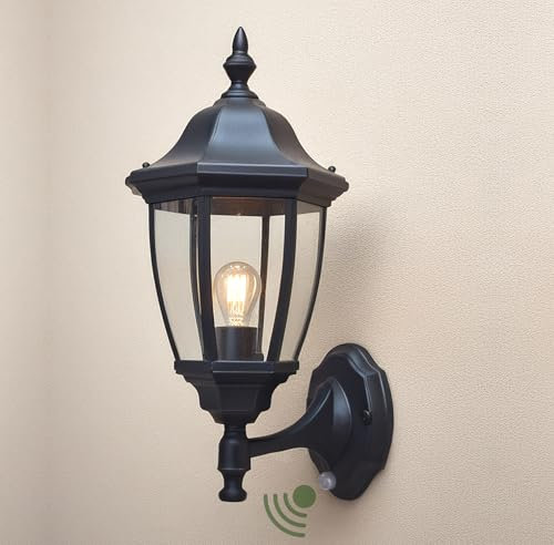 EBION PIR Outdoor Wall Lights Main Powered, Lights Outdoor with Motion Sensor, Waterproof Anti-Corrosion Plastic Wall Lantern, for Porch, Garage, Patio, Garden,Black, Bulb Not Include
