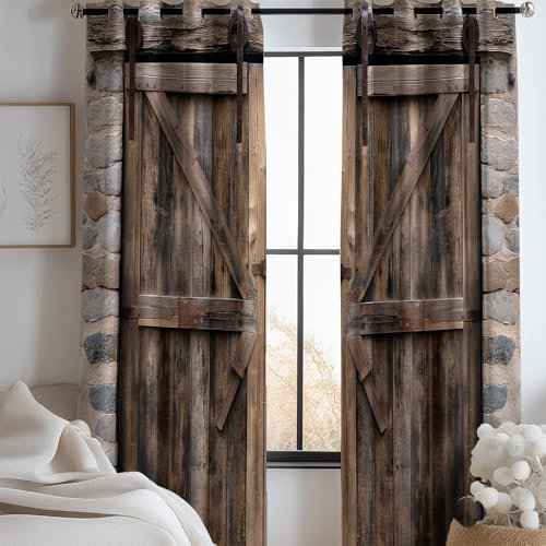 Blickdichte Gardinen Shabby Chic Holztür Muster, Verdunkelungsvorhänge Mit Ösen Braun für Schlafzimmer Wohnzimmer, Thermo vorhänge H 175 x B 140 cm (2er Pack)