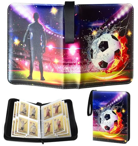 Fussball Sammelkarten Album mit Reißverschluss, 50 Seiten 400 Karten FußballSammelalbum, 3-Ring PU Tragbar Ordner Sammelmappe, Wasserdicht Sammelalbum Fußball Karten Halter für Geschenk