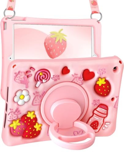 Kokaade Coque pour iPad 9e/8e/7e génération 10,2 pouces (2021/2020/2019) – Silicone souple avec bandoulière et support rotatif – Motif dessin animé mignon kawaii pour femmes, filles, adolescentes