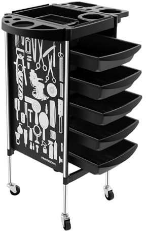LKHDONG Friseurwagen, Friseur Arbeitswagen Trolley mit 5 Schubladen und Rollen, Salon Trolley Max Tragfähigkeit 100 KG, Rollwagen für Schönheitssalons, Friseurläden, Bedienungswagen Schwarz