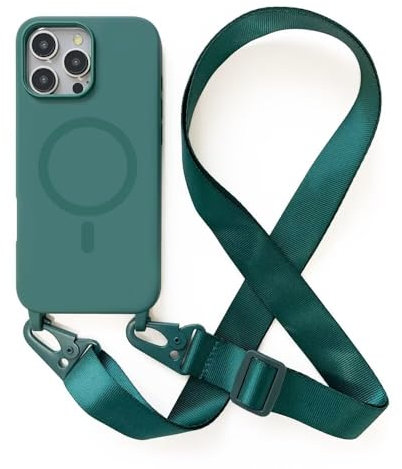 Leather Armor Handykette Hülle für iPhone 15 Pro(6.1) mit Band Halsband Lanyard (abnehmbar) Handyhülle, Verstellbarer Lanyard.Magnetisch Stoßfest Silikonhülle Wireless Charging kompatibel .-Grün