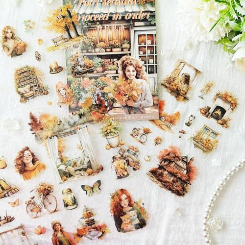 Scrapbooking Zubehör Sticker Set 20 Blätter,Fall Themed Scrapbooking Stickers Book in PET,Ästhetische Aufkleber for Decorative Notebook,Junk Journal,Bullet Journal, Photo Book(Autumn)