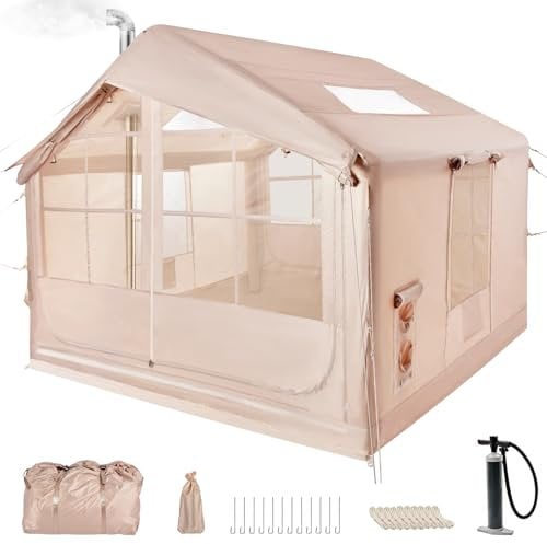 Aufblasbares Campingzelt mit Pumpe, Glamping Aufblasbares Sportzelt für Camping, 4 Jahreszeiten Winddicht Outdoor Oxford Blow Up Kabinenzelt mit Netzfenstern & Türen für Camping (3-5 Personen)