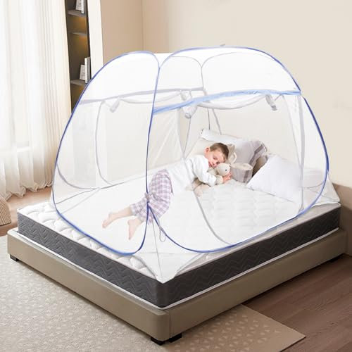 Moskitonetz Bett, 200 * 180 * 145cm 360° vollständig geschlossene Faltbares Mosquito Net mit Unterseite, Reise-moskitonetz mit Dreifach-Tür und Doppel-Reißverschluss