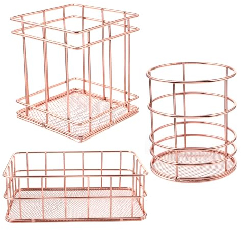 Veemoon Lot De 3 Set De Paniers De Rangement Métalliques En Acier Inoxydable Rose Gold, Paniers Sculptés Creux De Petite Taille, Organisateur Multifonction Cuisine Et Salle De Bain