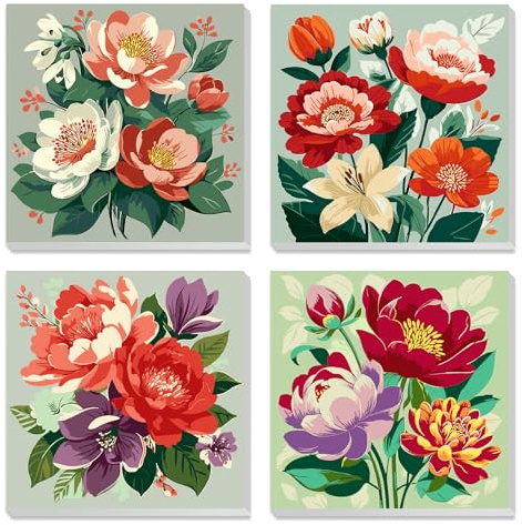 MXJSUA 4 Pack Peony Flowers Framed Paint by Numbers Kit with Canvas for Adults Beginner, DIY Acrylic Oil Painting Kits with Brushes for Home Wall Decor Gift (20x20cm)
