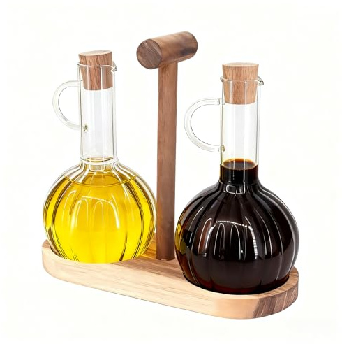 Beowanzk 2 PCS Oil and Vinegar Dispenser Set with Wooden Stand, 300ml Olive Oil Dispenser Bottle and Vinegar Bottles, Heat-Resistant Glass Kitchen Dispenser Bottles
