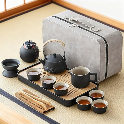Chinese Tea Set, 14 Pcs Ceramic Japanese Gongfu Tea Set with 230ml Teapot | Kung Fu Tea Ceremony Kit, 45ml Teacups, Pitcher, Strainer, Canister, Tea Tray, Travel Bag for Daily Use, Tea Lover Gifts