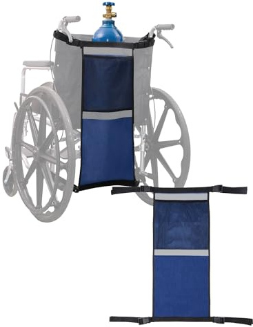 KUAZIDAR Support de Bouteille d'Oxygène pour Fauteuil Roulant, Porte-Cylindre avec Bandes Réfléchissantes et Poche de Rangement (Bleu, contient 1 bouteille)