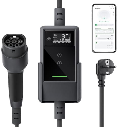 dé Chargeur Voiture Electrique APP 3,7kW [7m, 6-16A] Cable Recharge Voiture Electrique avec Support Mural, Chargeur Type 2 Numérique LCD, Compatible avec E-208, Model Y, E-Tech et Autres EV/PHEV