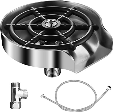 BUTORY Edelstahl Gläserspüler GlasspüLer füR SpüLbecken Glass Rinser for Kitchen Sink Wasserhahn Glasspüler T-Verteiler und Flexschlauch für Küchenspüle Bar Zuhause (Silber)