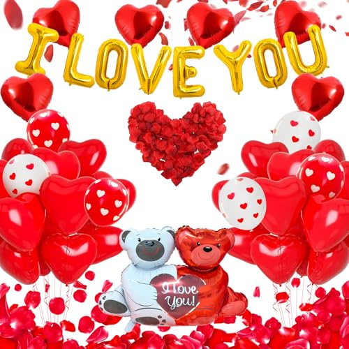 Valentinstag Deko Set, Romantische Herzluftballons, I LOVE YOU Luftballons Set mit Roten Rosenblättern, Romantische Deko, Heiratsantrag Deko für Valentinstag, Geständnis und Jahrestage