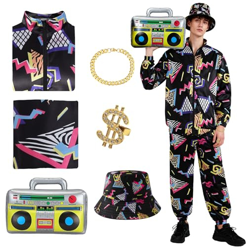 e5 80er 90er Jahre Outfit Herren Damen, 80er Trainingsanzug Jogginganzug Faschingskostüme Männer Unisex 80s Tracksuit Disco Jacke Hose Hut Anzug 90s Accessoire Bad Taste für Mottoparty Karneval