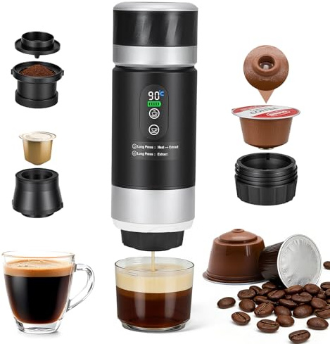 Yigowyigo 3 in1 Akku Kaffeemaschine Mini 7500mAh,Tragbare Kapselmaschine für Unterwegs,Auto Espressomaschine mit Herausnehmbarem Akku&USB-C,für Kapseln & Kaffeepulver,Mobile Reisekaffeemaschine