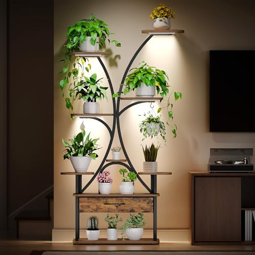 Hzuaneri Plant Stand Indoor with Grow Lights, 9-Tier Plant Shelf with 4 RGB LED Lights, 164 cm Tall Flower Stand with Color and Timing Adjustable for Living Room, Balcony, Rustic Brown PS16001B
