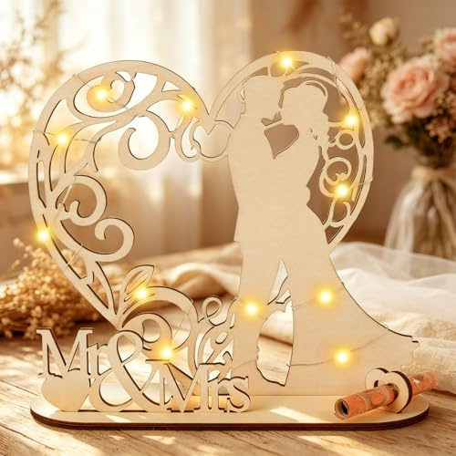 ARTREE Geldgeschenk Hochzeit für Brautpaar – Hochzeitsgeschenk Geld aus Holz mit LED Licht, Verpackung mit Folie & Schleife, Mr & Mrs Deko, sofort fertig