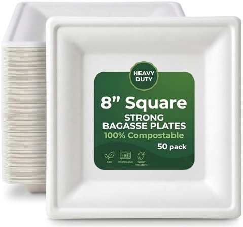 Ask Packaging Strong Paper Plates (8 Inch - 50 Pack) 100% Compostable Square Disposable Bagasse Plates - Heavy Duty Eco-Friendly Biodegradable Sugarcane Plate for Parties – Microwave & Freezer Safe