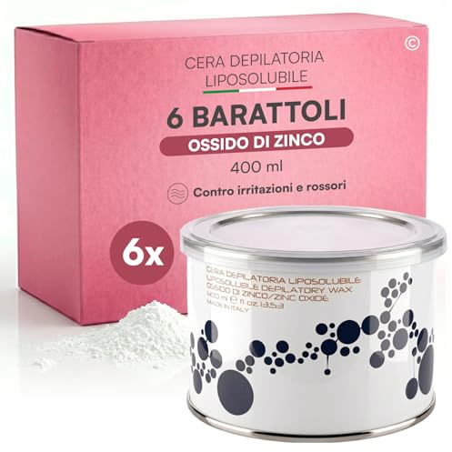 Cera Depilatoria Liposolubile all'Ossido di Zinco Ceretta Professionale | Contro Irritazioni e Rossori, Azione Lenitiva per Pelli Sensibili, Ideale per Gambe Braccia Bikini - 6 Barattoli da 400ml
