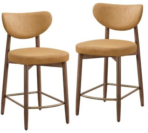 VASAGLE Barhocker 2er Set, mit Rückenlehne, Massivholzbeine, in PU-Leder | Gepolsterte Tresenhocker, 50 x 51,5 x 95,5 cm, Karamellbraun und Kastanienbraun, MAZIE Kollektion LBC126K101