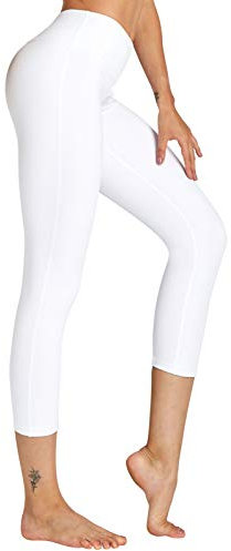 COOLOMG Damen Leggings Yoga Capris 3/4 Hosen Kompression Sport Trainingshose Weiß L