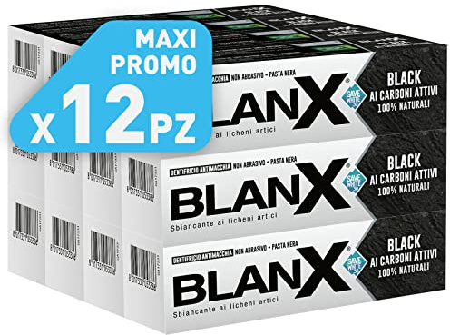 BlanX, Zahnpasta Classic Black, Zahnpasta mit aufhellender Aktivkohle, natürlich, nicht scheuernd, für weiße Zähne, 12 x 75 ml