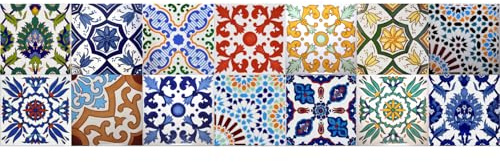 14 Mattonelle MISTE in ceramica smaltata. Pacco contenente 14 mattonelle decorate 20 X 20 cm spessore 0,6 cm - Mattonelle Tunisine realizzate con Serigrafia Artigianale. Adatte a rivestimento.