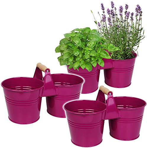 5 Stück Design - doppelte 2er - Blumentöpfe/Pflanzkübel/Pflanzschale - Metall - mit Holzgriff/Henkel - pink/Purpur/violett/rosa - lila - 34 cm -..
