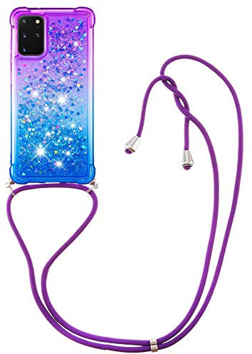 Handykette Handyhülle kompatibel mit Samsung Galaxy A51 Hülle Gradient Glitzer Flüssig Hülle mit Band Kette Schutzhülle Weiche Flexible Transparent TPU Stoßfest Case Cover(Lila Blau)