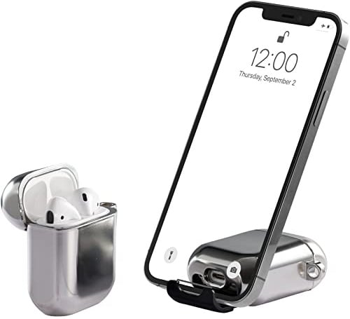 BelTech AirStand - AirPods Case Cover mit unsichtbarem Telefonständer, kompatibel mit AirPods 1 2, voller Schutz TPU & PC stoßfestes Gehäuse mit Schlüsselanhänger Karabiner(Silber)