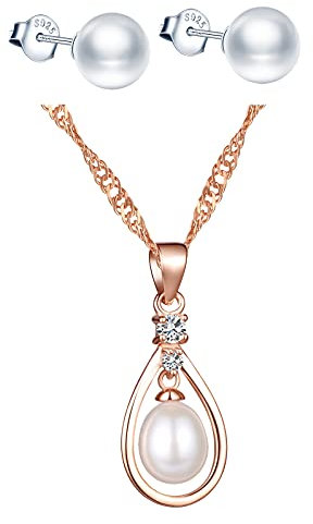 CPSLOVE Women's girl's Pearl Necklace Earrings, 925 sterling silver pearl jewelry set, Teardrop-shaped pearl necklace pendant, pearl earrings studs, zircon, rose gold