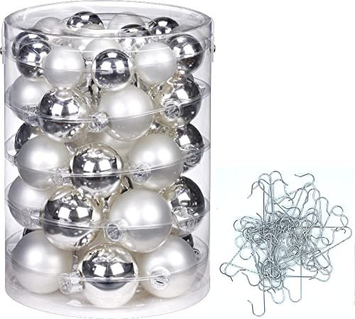 Inge-Glas Weihnachtskugeln aus Glas | Kugeldose 44tlg 4, 5, 6 cm mit 50 Aufhänger-Haken | Christbaumkugeln (Frosty Silver | Silber weiß)