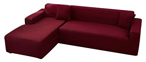 KnSam Sofabezug, Couchbezug Einfarbig Dunkelrot Polyester Sofahusse rutschfest Elastisch, Mit Fixierten Schaumstoffstreifen, Passend Für L Form Sofa Sofabezüge Einfarbig Dunkelrot 3 Seater-190-230cm