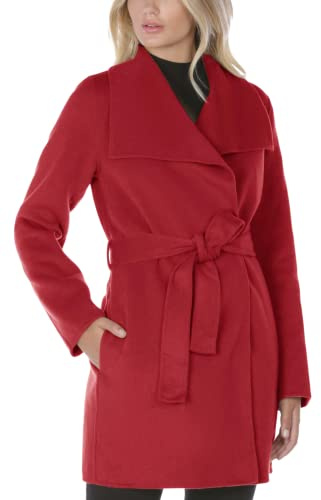 TAHARI Womens Ella Wool Blend Open Front Wrap Coat, Deep Red, M