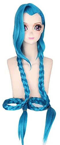 Lange Blau Geflochtene Perücke für Jinx Cosplay Perücke mit Pony Anime Spiel Haar Perücke mit Zöpfe Zöpfen für Frauen Mädchen schließen Kappe