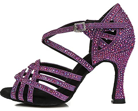 AOQUNFS Donna Scarpe da Ballo Latino Americano Strass con Tacco Salsa Bachata Tango Feste Performance Scarpe Ballo da Sala,L357-Viola-7.5,EU34