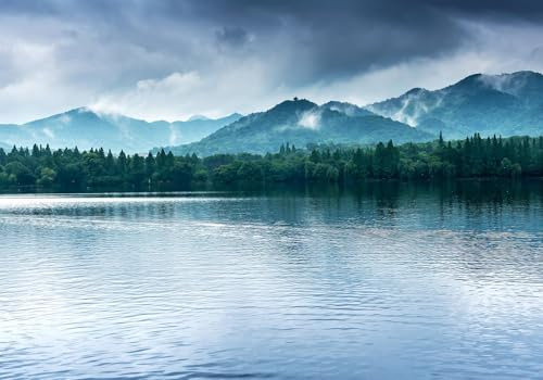 Wesmilewallpapaer Tapete Fototapete 3D Effekt Wald Berg Gipfel See Wasser Natur Landschaft Kunst 150x105cm Seide Vliestapete Wandbilder Wanddeko Wohnzimmer Schlafzimmer