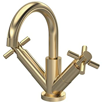 Hudson Reed TEX815 Tec Cross Modern Bathroom Crosshead Mono Basin Mixer Tap with Swivel Spout and Waste, 217mm, Brushed Brass